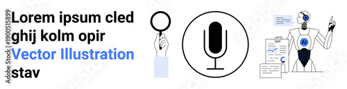 Artificial intelligence, voice technology, data analysis, robotic innovation, digital research, automation. A robot analyzing data, microphone magnifying glass icon. Voice technology and data