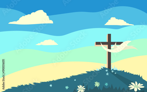 Christian easter day with landscape nature scenery and sunrise mountain view showing, wooden cross on top of the hill illustration.