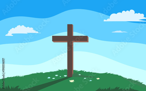 Christian easter day with landscape nature scenery and clear blue sky mountain view showing, wooden cross on top of the hill illustration.