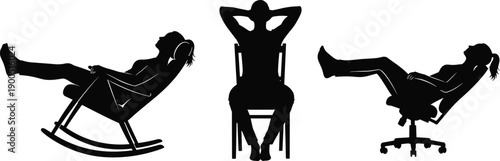 Set of black silhouettes of people relaxing in chairs, woman in rocking chair, man resting, office chair comfort, vector icons