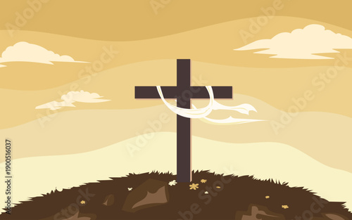 Christian easter day with landscape nature scenery and sunrise mountain view showing, wooden cross on top of the hill illustration.