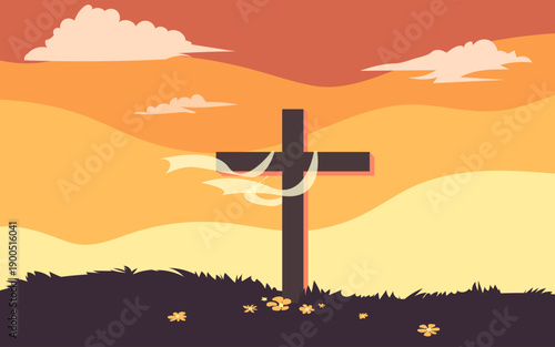 Christian easter day with landscape nature scenery and sunset mountain view showing, wooden cross on top of the hill illustration.