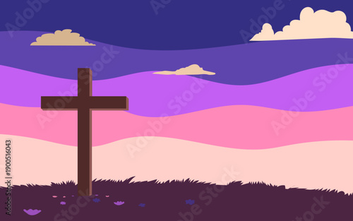 Christian easter day with landscape nature scenery and sunrise mountain view showing, wooden cross on top of the hill illustration.
