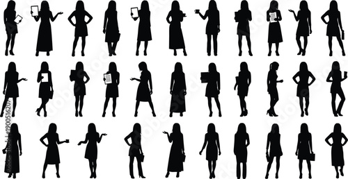 "Silhouettes of diverse women standing, holding devices, posing, communication concept, business and technology illustration, modern professional, empowerment, teamwork, digita