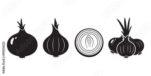  Black and white onion silhouette vector design showing whole and sliced bulbs.