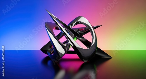 Polished abstract metallic sculpture sits against a vibrant gradient backdrop of contrasting cool and warm light