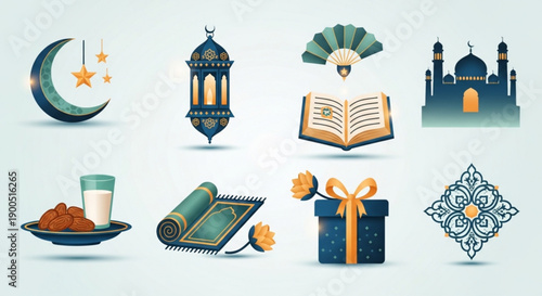 Ramadan kareem icons set with mosque lantern dates and gift