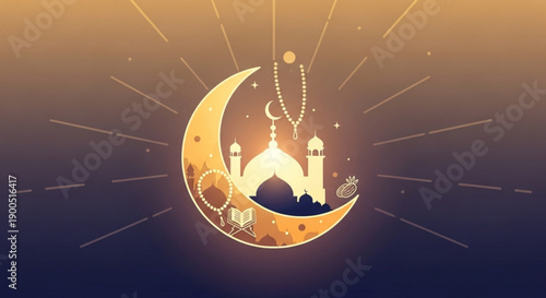 Golden crescent moon with mosque silhouette and rosary on gradient background