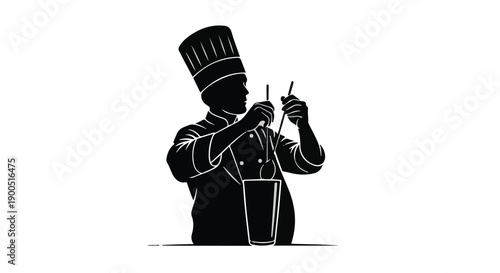 Silhouette of a chef in uniform preparing a drink with two straws.