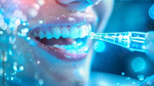 Close-up of a smiling mouth receiving a dental cleaning with a high-tech water jet tool under bright blue light.