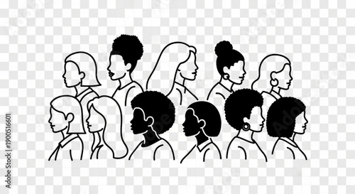 Diverse group of people silhouettes in profile on transparent background