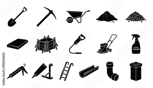 Essential construction tools equipment and building materials for home renovation projects and professional contractors needing supplies for foundation work and concrete finishing