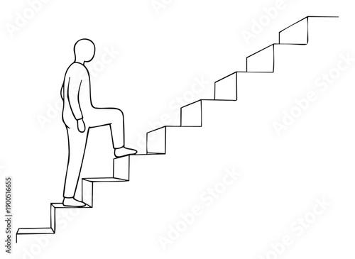 A simplified black and white line drawing of a person ascending a staircase, symbolizing career advancement, personal growth, or overcoming challenges, ideal for business presentations or