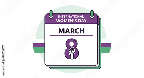 International women's day march 8th calendar icon with purple and green accents