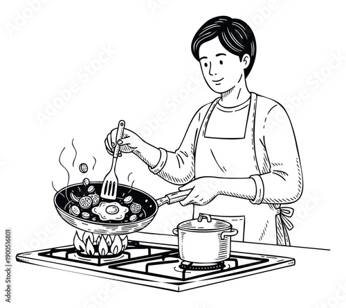 Asian person happily cooking a fresh meal with vegetables and fried eggs in a sizzling pan on a stove, perfect for culinary and lifestyle related marketing materials or recipe illustrations.