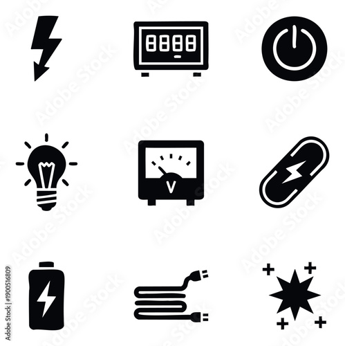Essential electricity and power related icons for various energy concepts and electronic device functionalities suitable for technical diagrams or user interface designs