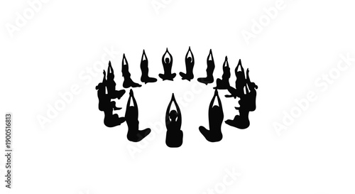 Diverse group of people practicing yoga in a circle, promoting wellness and unity.
