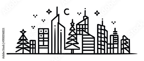 Minimalist urban skyline with festive Christmas trees, stars, and crescent moon outlining a cheerful holiday city scene for seasonal greeting cards and winter event promotions.