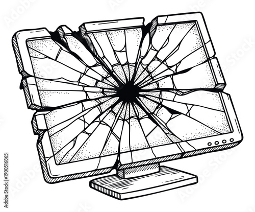 Broken computer monitor with a severely cracked screen depicting digital failure and tech frustration, useful for illustrating computer repair services or technology damage concepts.