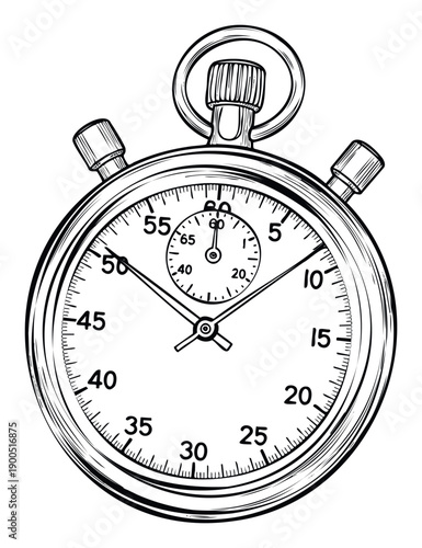 A handdrawn analog stopwatch with intricate details showcasing precise time measurement for sports events, fitness training, project deadlines, and historical timing applications.