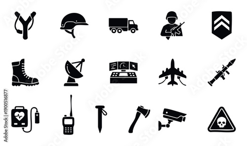 This collection of military, security, and survival equipment icons is ideal for various applications including educational materials, app interfaces, and graphic design projects.