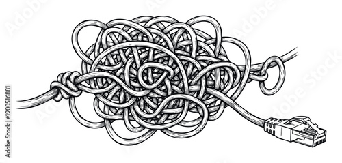 Complex network cable tangle with an RJ45 connector symbolizing digital challenges and connectivity issues for technologyrelated presentations and problemsolving concepts.