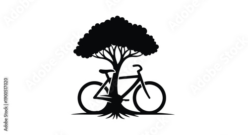 Silhouette of a bicycle entwined with a growing tree, symbolizing eco-friendly transportation and nature.