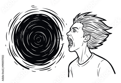 An intense young man shouts with a powerful swirling sound wave emanating from his mouth, expressing strong emotions like anger or frustration for dramatic graphic visual communication