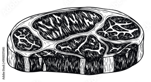 Classic hand drawn steak cut showing detailed muscle and fat marbling perfect for butcher shop menus restaurant decor or culinary branding projects
