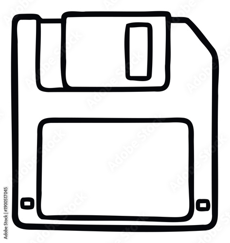 A hand drawn floppy disk icon representing vintage computer data storage and digital saving for technology education nostalgia and historical presentations.