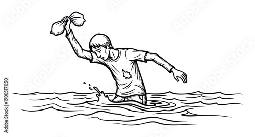 A young man wading through deep water, his only possessions held high in a bundle, conveying concepts of hardship, survival, or journey in a striking visual form.