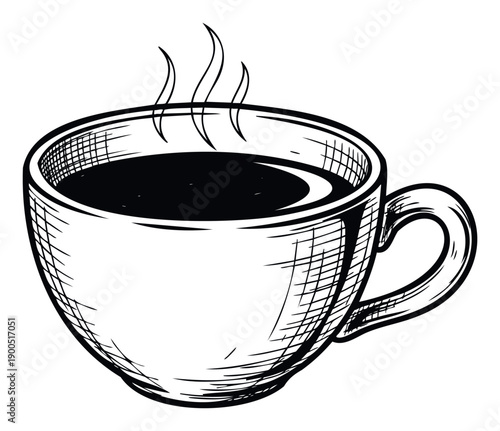 A classic handdrawn sketch of a steaming hot coffee cup evokes a warm cozy feeling perfect for beverage menus, cafe promotions, and morning drink advertisements.