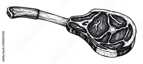 Engraved Tomahawk steak drawing perfect for butcher shops restaurants menus recipe books and culinary blogs showcasing premium meat cuts