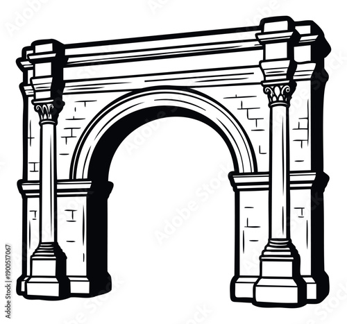Elegant black and white drawing of a classical triumphal arch featuring Corinthian columns and brick texture, perfect for historical graphics and architectural presentations