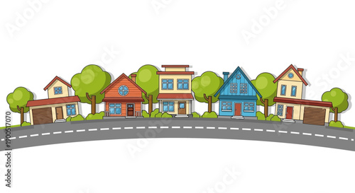 Colorful suburban houses along a curved street in cartoon style