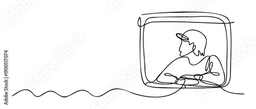 Single line drawing of a man observing from a windowlike frame, ideal for contemporary branding, minimalist web graphics, and innovative communication visuals.