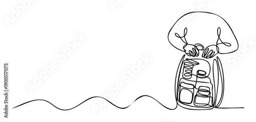 Continuous line drawing of a person organizing an open travel backpack filled with essentials, ideal for journey preparation or outdoor adventure marketing materials