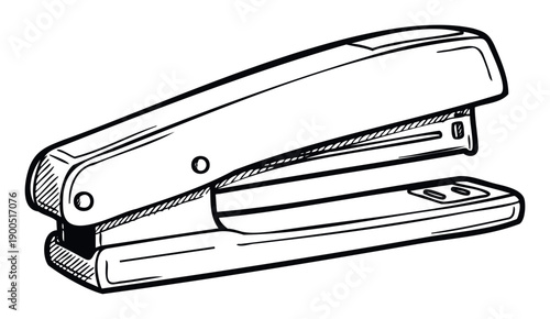 Classic black and white line drawing of a stapler, essential office supply for fastening documents, perfect for educational resources, business presentations, and school stationery projects