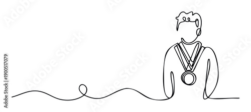 Modern continuous line drawing portraying a triumphant male athlete wearing a celebratory medal, perfect for depicting success, championship, and achievement across various motivational