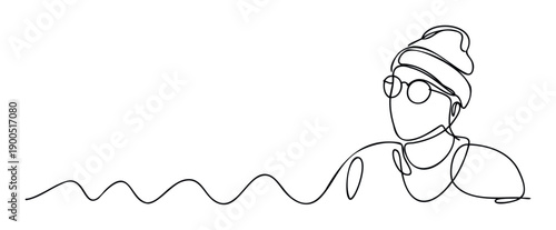 Minimalist continuous line drawing depicting a person wearing a beanie and glasses, suitable for graphic projects, modern branding, and digital media applications