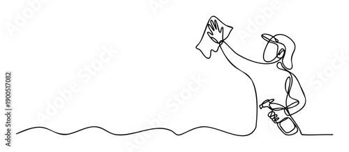 Simple continuous line drawing of an individual diligently wiping a surface with a cloth and holding a spray bottle, ideal for promoting housekeeping services or home care product