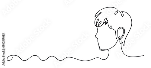 Minimalist one line drawing of a young persons head in profile with a continuous flowing wavy line representing connection and thought, ideal for modern communication, education, or
