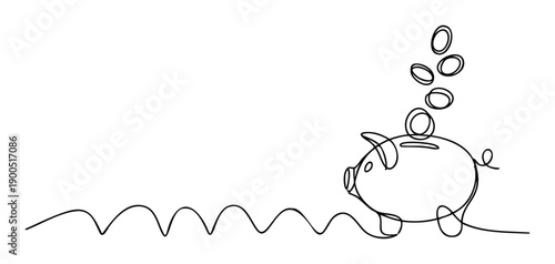 Continuous single line drawing of a piggy bank with coins falling into its slot representing the concept of saving money and smart financial management for investment growth applications