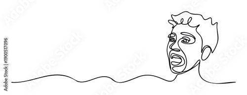 Expressive continuous single line drawing of a screaming human face symbolizing intense emotion, shock, or distress, suitable for psychological themes and emotional impact content.