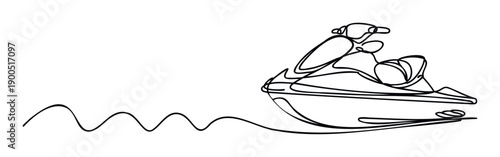 Dynamic one line drawing of a jet ski speeding across water with a wavy trail, perfect for water sports promotions, summer activity advertisements, or modern active lifestyle content.