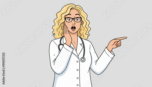  female doctor in a white coat is pointing at something. Banner for hospital and clinic.