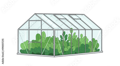 Illustration of a greenhouse with lush green plants inside