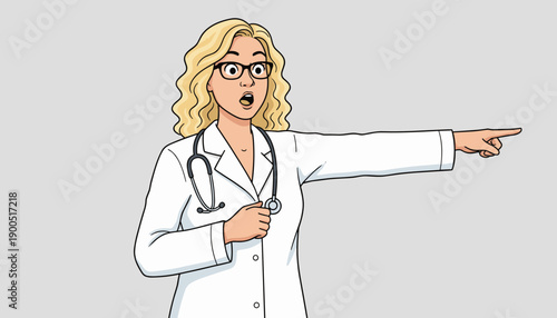  female doctor in a white coat is pointing at something. Banner for hospital and clinic.