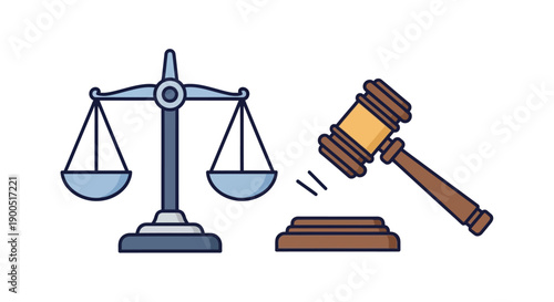 Legal symbols with scales and gavel in flat design style