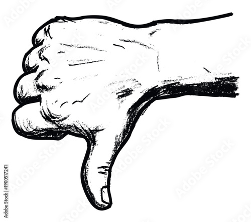 Graphic black and white hand gesture conveying a thumbs down symbol for communicating rejection or poor ratings in marketing materials and user interface icons.